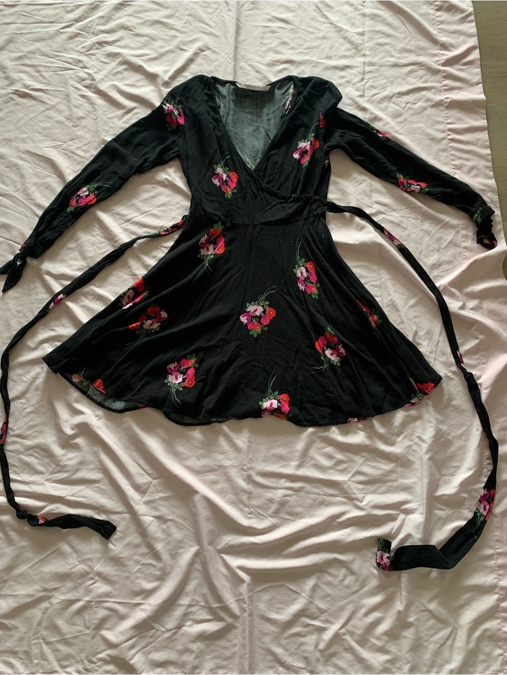 Zara Black Long-Sleeve Floral Wrap Dress with Pink & Red Blooms